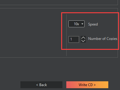 Opciones de velocidad de grabación y número de copias de Ashampoo Burning Studio