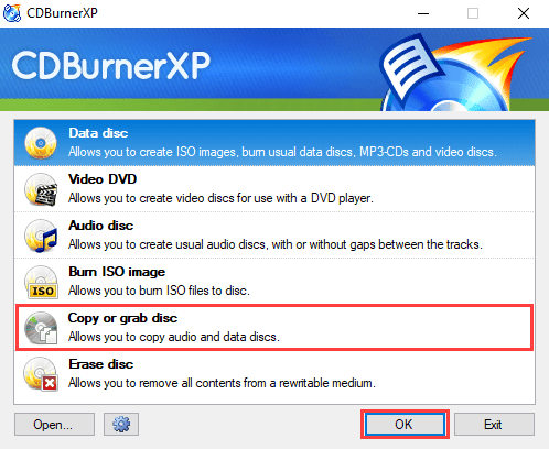 CDBurnerXP Opción de copiar o grabar disco