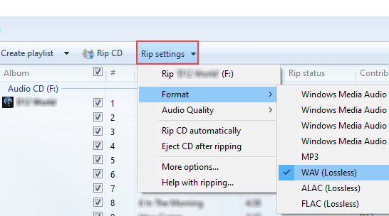 Seleccione el formato de audio WAV en el Reproductor de Windows Media