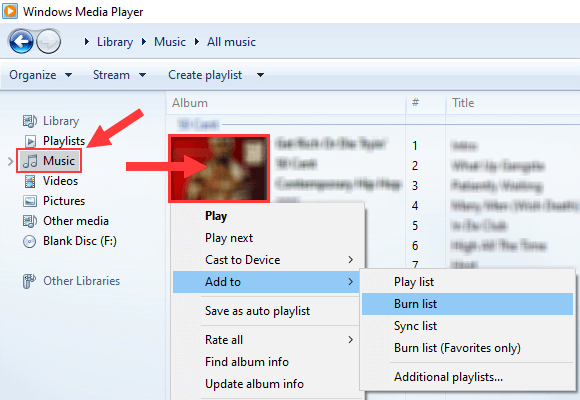 Añadir álbum a la lista de grabación del Reproductor de Windows Media