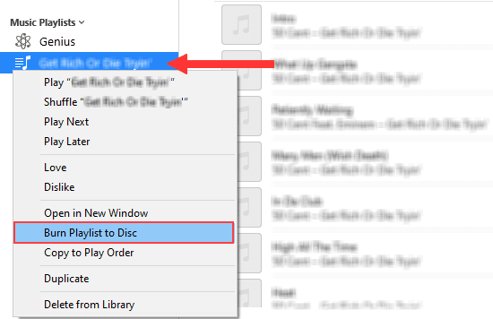 Opción Grabar lista de reproducción en disco en iTunes