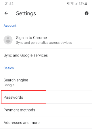 Abrir la sección de contraseñas en Google Chrome en Android