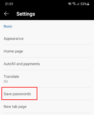 Abrir la sección de contraseñas en Microsoft Edge en Android