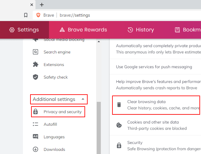 Eliminar la sección de datos de navegación en Brave