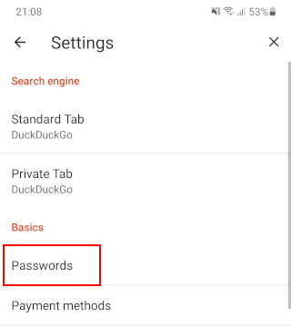 Abre la sección de contraseñas en Brave en Android