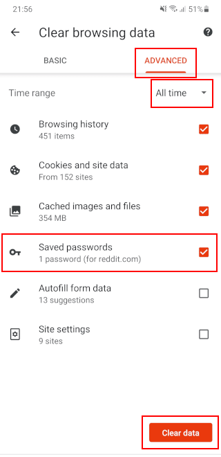 Eliminar todas las contraseñas guardadas a la vez en Brave en Android