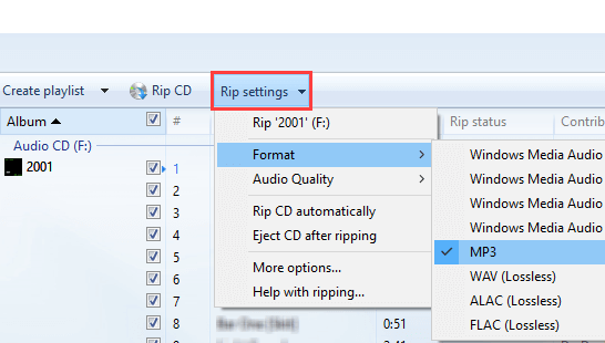 Selecciona MP3 en la configuración de copia de Windows Media Player