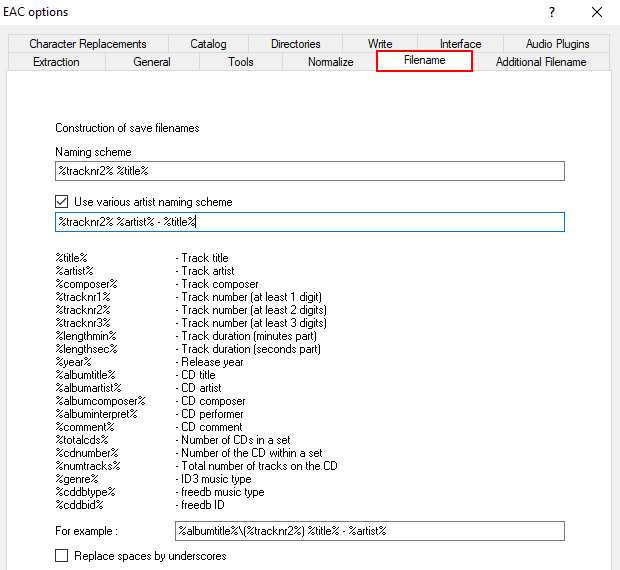 Configuración del nombre de archivo EAC