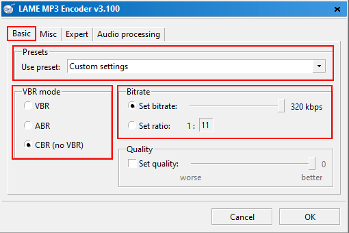 fre:ac Configuración del codificador MP3 LAME