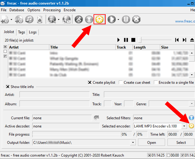 fre:ac botón de configuración del codificador