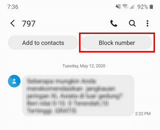 Opción de bloquear el número en la aplicación Mensajes de Samsung